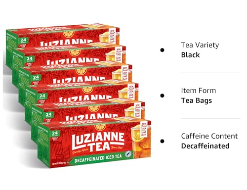 Luzianne Decaffeinated Iced Tea Bags, Family Size, 24ct Box (Pack of 6)