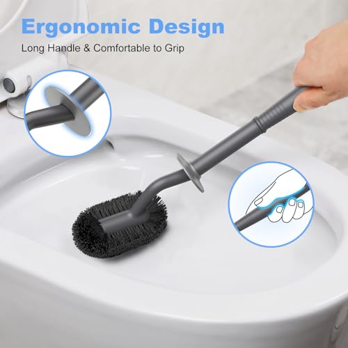 HAMITOR Toilet Bowl Brush Holder Set: Curved Design with Holder for Deep Cleaning Under Rim - Compact Hidden Scrubber for Small Space - Modern RV Bathroom Accessories - White