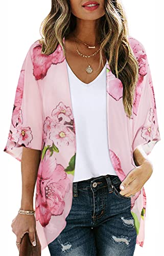 Women's Floral Print Puff Sleeve Kimono Cardigan Loose Cover Up Casual Blouse Tops