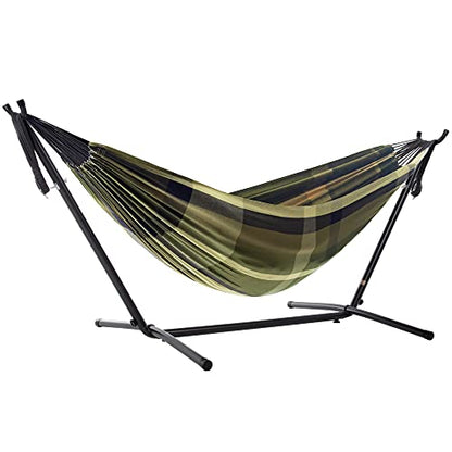 Vivere Double Hammock with Space Saving Steel Stand, Natural (450 lb Capacity - Premium Carry Bag Included)