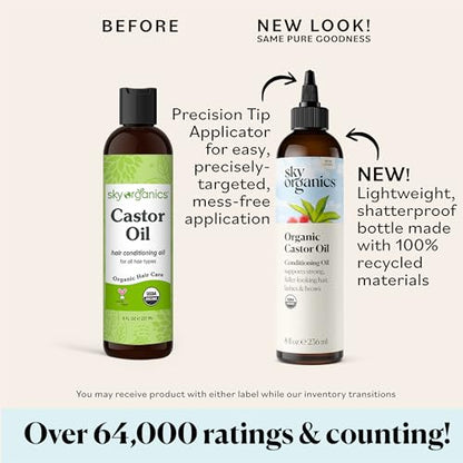 Sky Organics Castor Oil (2x16oz) USDA Organic Cold-Pressed Unrefined100% Pure Hexane-Free Castor Oil Conditioning & Healing For Dry Skin, Hair Growth for Eyelashes & Eyebrows with Exclusive Ebook