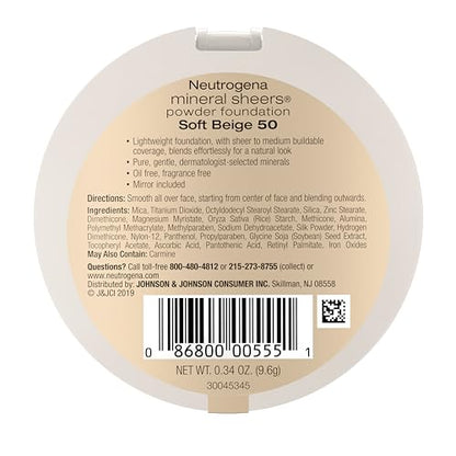 Neutrogena Mineral Sheers Compact Powder Foundation, Lightweight & Oil-Free Mineral Foundation, Fragrance-Free, Nude 40,.34 oz