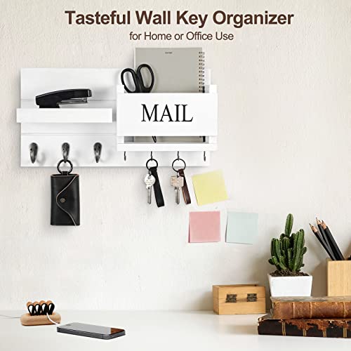 Mail Organizer for Wall Mount – Key Holder with Shelf includes Letter Holder and Hooks for Hallway Farmhouse Decor – Rustic Wood with Flush Mounting Hardware (16.5” x 9.1” x 3.4”) (Black)