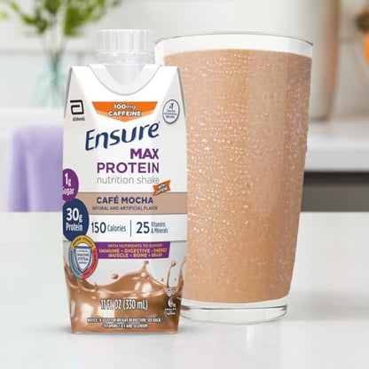 Ensure Max Protein Nutrition Shake with 30g of Protein, 1g of Sugar, High Protein Shake, Milk Chocolate, 11 Fl Oz (Pack of 12), Liquid, Halal