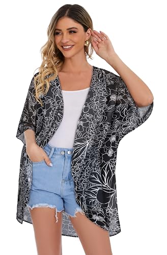 Women's Floral Print Puff Sleeve Kimono Cardigan Loose Cover Up Casual Blouse Tops