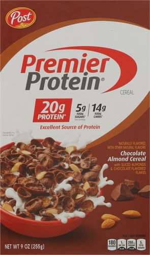 Post Premier Protein Chocolate Almond Cereal, Chocolatey Protein Cereal Flakes with Sliced Almonds, Contains 20g of Protein Per Serving, 9 OZ Box