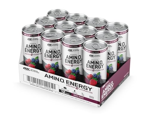 Optimum Nutrition Amino Energy Sparkling Hydration Drink, Electrolytes, Caffeine, Amino Acids, BCAAs, Sugar Free, Juicy Strawberry, 12 Fl Oz, 12 Pack (Packaging May Vary)