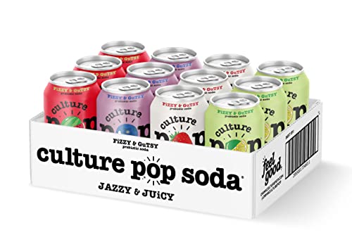 Culture Pop Soda Sparkling Probiotic Drink, 45 Calories Per Can, Vegan Soda for Gut Health, Non-GMO, GF, No Added Sugar, 12 Pack, 12 Fl Oz Cans, Jazzy & Juicy Variety Pack - New!