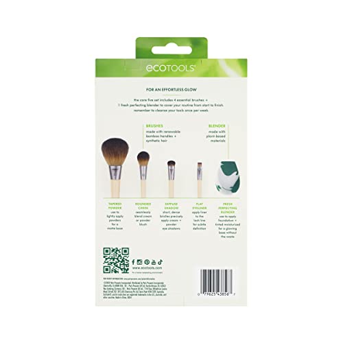 EcoTools Start The Day Beautifully 6 Piece Makeup Brush Set, Makeup Brushes For Eyeshadow, Blush, Concealer, & Foundation Application, Eco-Friendly, Gift Set, Synthetic Hair, Vegan & Cruelty-Free