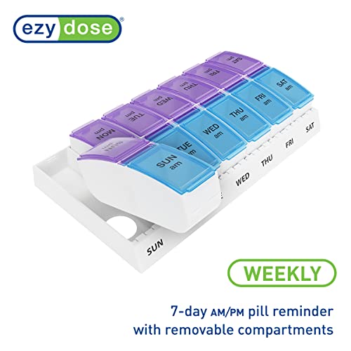 EZY DOSE Weekly (7-Day) AM/PM Pill Case, Medicine Planner, Vitamin Organizer Box, Small Pop-out Compartments, 2 Times a Day, Blue and Purple Lids, BPA Free