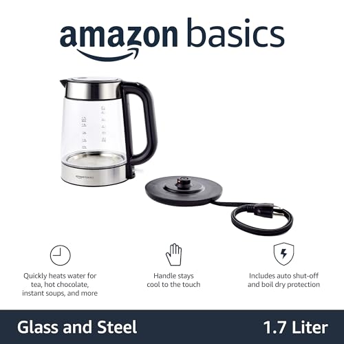 Amazon Basics Electric Kettle, Stainless Steel, Portable Fast-Boiling, Tea Kettle for Boiling Water, for Tea and Coffee, Auto Shut-Off and Boil Dry Protection, 1 Liter, Black and Silver