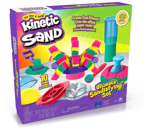 Kinetic Sand Ultimate Sandisfying Set, 2lb of Pink, Yellow and Teal Play Sand, 10 Molds and Tools, Sensory Toys for Kids Ages 7+