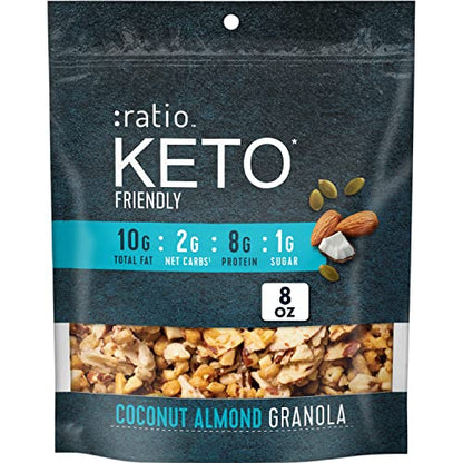 Ratio Coconut Almond Granola Cereal, 1g Sugar, Keto Friendly, 8 OZ Resealable Cereal Bag