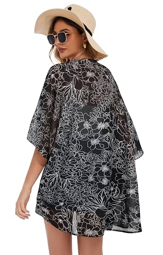 Women's Floral Print Puff Sleeve Kimono Cardigan Loose Cover Up Casual Blouse Tops