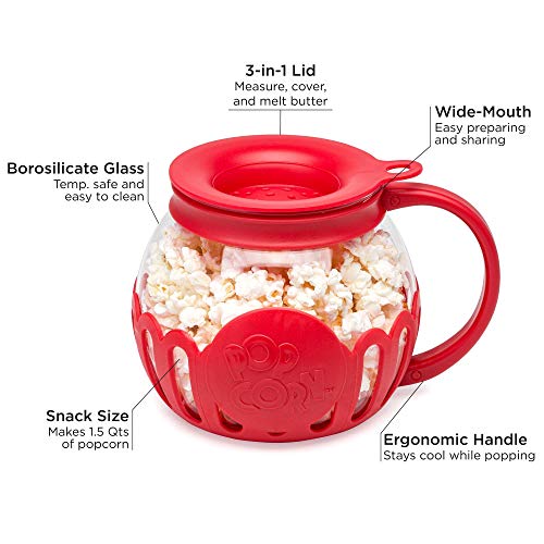 Ecolution Patented Micro-Pop Microwave Popcorn Popper with Temperature Safe Glass, 3-in-1 Lid Measures Kernels and Melts Butter, Made Without BPA, Dishwasher Safe, 3-Quart, Aqua