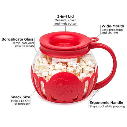 Ecolution Patented Micro-Pop Microwave Popcorn Popper with Temperature Safe Glass, 3-in-1 Lid Measures Kernels and Melts Butter, Made Without BPA, Dishwasher Safe, 3-Quart, Aqua