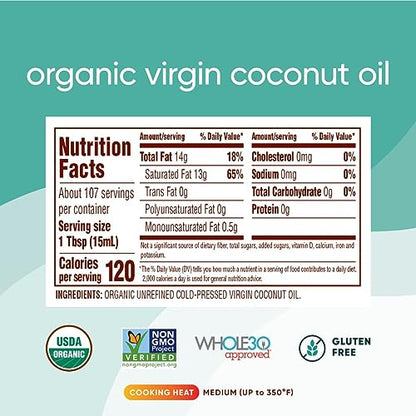 Nutiva Organic Coconut Oil 15 fl oz, Cold-Pressed, Fresh Flavor for Cooking, Natural Hair, Skin, Massage Oil and, Non-GMO, USDA Organic, Unrefined Extra Virgin Coconut Oil (Aceite de Coco)