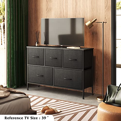 WLIVE Dresser for Bedroom with 5 Drawers, Wide Chest of Drawers, Fabric Dresser, Storage Organizer Unit with Fabric Bins for Closet, Living Room, Hallway, Rustic Brown Wood Grain Print