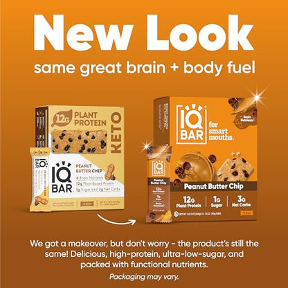 IQBAR Brain and Body Plant Protein Bars - Almond Butter Chip - 12 Count, Low Carb, High Fiber, Gluten Free, Vegan Snacks - Low Sugar Keto Energy Bars