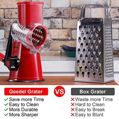 Geedel Rotary Cheese Grater, Kitchen Mandoline Vegetable Slicer with 3 Interchangeable Blades, Easy to Clean Grater for Fruit, Vegetables, Nuts