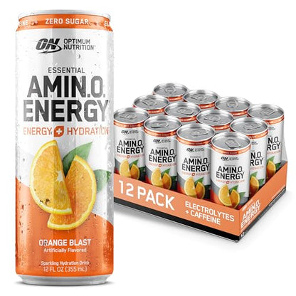 Optimum Nutrition Amino Energy Sparkling Hydration Drink, Electrolytes, Caffeine, Amino Acids, BCAAs, Sugar Free, Juicy Strawberry, 12 Fl Oz, 12 Pack (Packaging May Vary)