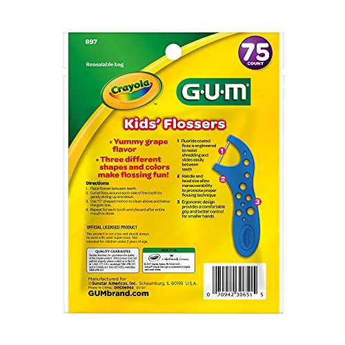 GUM Crayola Kids Flossers with Fluoride - Designed for Little Hands - Fun Grape Flavor - Easy to Use Kids Floss Picks for Children Ages 3+, 75 ct