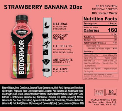 BODYARMOR Sports Drink Sports Beverage, Strawberry Banana, Coconut Water Hydration, Natural Flavors With Vitamins, Potassium-Packed Electrolytes, Perfect For Athletes, 12 Fl Oz (Pack of 8)