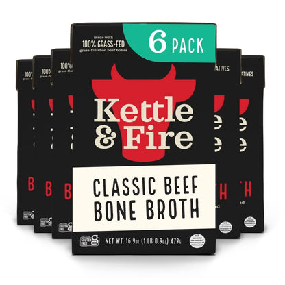 Kettle and Fire Classic Beef Bone Broth, Keto, Paleo, and Whole 30 Approved, Gluten Free, High in Protein and Collagen (6 Pack)