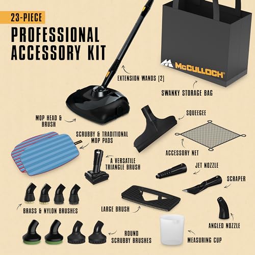 McCulloch MC1385 Deluxe Canister Steam Cleaner with 23 Accessories, Chemical-Free Pressurized Cleaning for Most Floors, Counters, Appliances, Windows, Autos, and More, 1-(Pack), Black