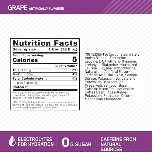 Optimum Nutrition Amino Energy Sparkling Hydration Drink, Electrolytes, Caffeine, Amino Acids, BCAAs, Sugar Free, Juicy Strawberry, 12 Fl Oz, 12 Pack (Packaging May Vary)