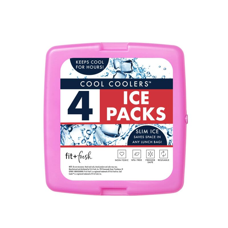 Cool Coolers By Fit & Fresh 4 Pack Slim Ice Packs, Quick Freeze Space Saving Reusable Ice Packs for Lunch Boxes or Coolers, Blue