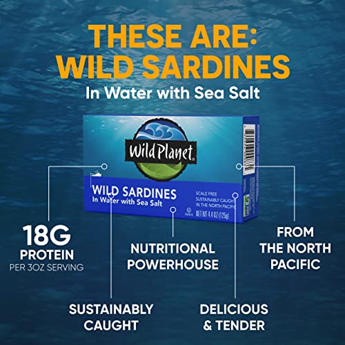 Wild Planet Wild Sardines in Extra Virgin Olive Oil, Lightly Smoked, Tinned Fish, Sustainably Wild-Caught, Non-GMO, Kosher, Gluten Free, 4.4. Ounce (Pack of 12)