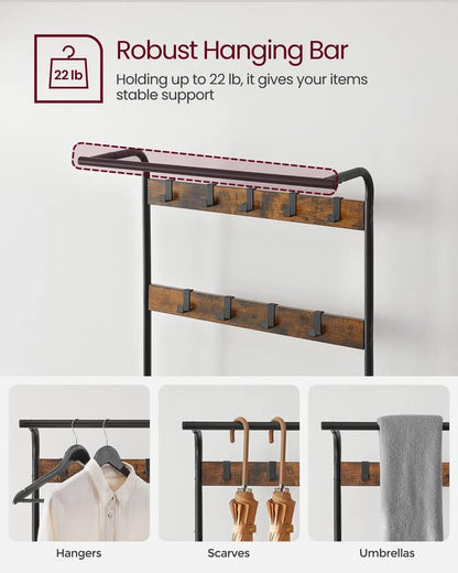 VASAGLE Coat Rack, Hall Tree with Shoe Bench for Entryway, Entryway Bench with Coat Rack, 4-in-1, with 9 Removable Hooks, a Hanging Rod, 13.3 x 28.3 x 72.1 Inches, Honey Brown and Black UHSR040B05