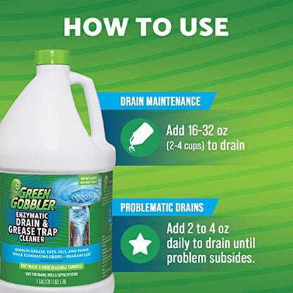 Green Gobbler Enzyme Drain Cleaner | Controls Foul Odors & Breaks Down Grease, Paper, Fat & Oil in Sewer Lines, Septic Tanks & Grease Traps | 1 Gallon