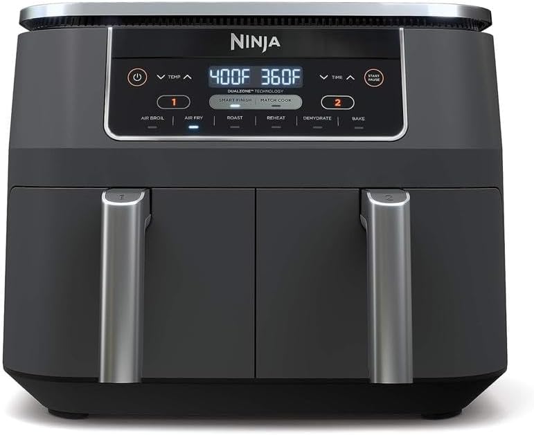 Ninja DZ201 Foodi 8 Quart 6-in-1 DualZone 2-Basket Air Fryer with 2 Independent Frying Baskets, Match Cook & Smart Finish to Roast, Broil, Dehydrate & More for Quick, Easy Meals, Grey