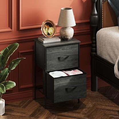 WLIVE Black Nightstand, Small Dresser for Bedroom with 2 Fabric Drawer, Bed Side Table with Drawers, End Table Bedside Furniture, Sturdy Steel Frame, Wood Top, Closet Organizer, College Dorm