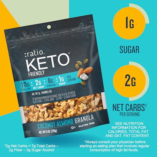 Ratio Coconut Almond Granola Cereal, 1g Sugar, Keto Friendly, 8 OZ Resealable Cereal Bag