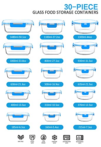 M MCIRCO 30 Pieces Glass Food Storage Containers with Upgraded Snap Locking Lids,Glass Meal Prep Set - Airtight Lunch Containers, Microwave, Oven, Freezer and Dishwasher Friendly (Green)