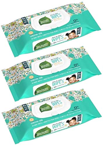 Seventh Generation Baby Wipes, Sensitive Protection with Flip Top Dispenser, White, unscented, 72 Count (Pack of 7) (Packaging May Vary)