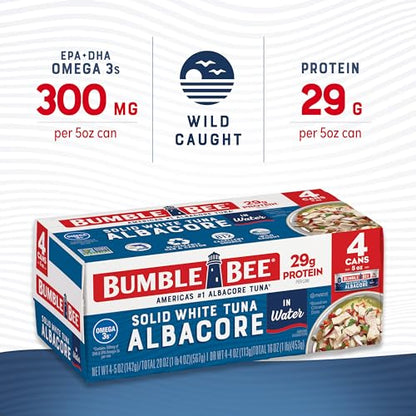 Bumble Bee Solid White Albacore Tuna in Water, 5 oz Can (Pack of 8) - Wild Caught Tuna - 29g Protein per Serving, High in Omega-3s - Non-GMO Project Verified, Gluten Free, Kosher