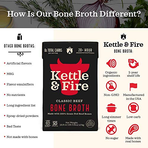 Kettle and Fire Classic Beef Bone Broth, Keto, Paleo, and Whole 30 Approved, Gluten Free, High in Protein and Collagen (6 Pack)