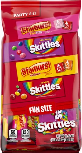 SKITTLES Original, SKITTLES Wild Berry & STARBURST Original and STARBURST FaveReds Fun Size Nut Free Individually Wrapped Trick or Treat Halloween Candy Variety Pack, Party Size, 20.13 Oz Bulk Bag