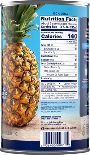 Dole 100% Juice, Pineapple, 46 Ounce Cans (Pack of 6)