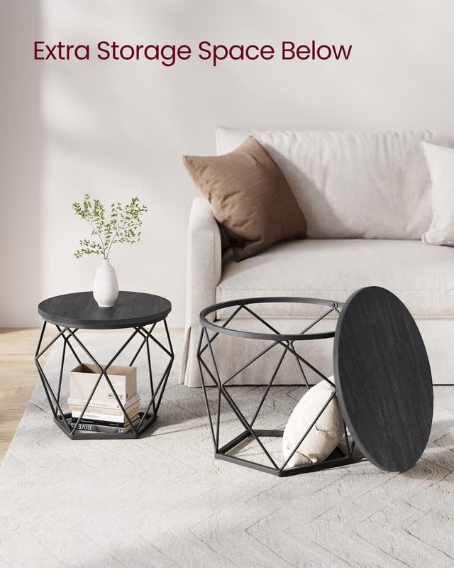 VASAGLE Small Coffee Table Set of 2, Round Coffee Table with Steel Frame, Side End Table for Living Room, Bedroom, Office, Charcoal Gray and Ink Black