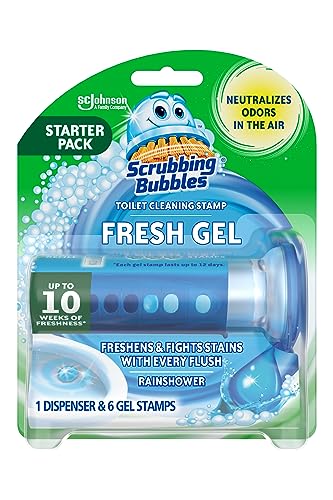 Scrubbing Bubbles Toilet Gel Stamps, Fresh Gel Toilet Cleaning Stamps, Helps Keep Toilet Clean and Helps Prevent Limescale & Toilet Rings, Rainshower Scent, 1 Dispenser with 6 Stamps