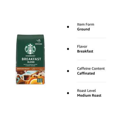 Starbucks Breakast Blend Medium Roast Ground Coffee, 18 Ounce (Pack of 1)