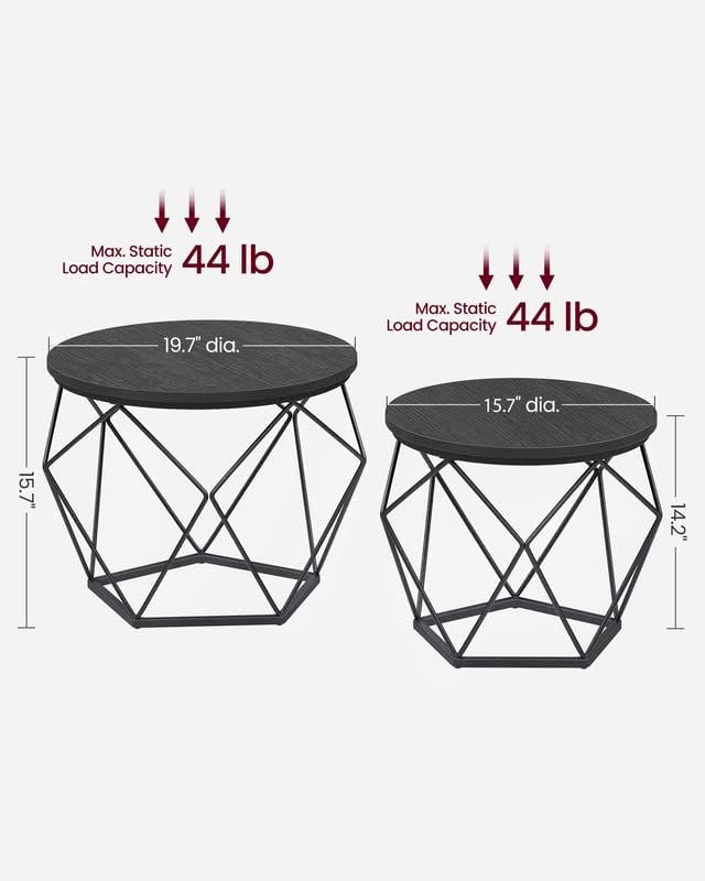 VASAGLE Small Coffee Table Set of 2, Round Coffee Table with Steel Frame, Side End Table for Living Room, Bedroom, Office, Charcoal Gray and Ink Black