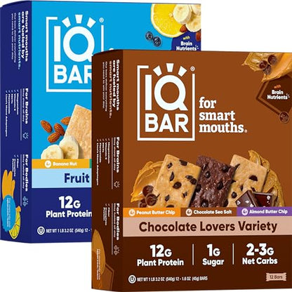 IQBAR Brain and Body Plant Protein Bars - Almond Butter Chip - 12 Count, Low Carb, High Fiber, Gluten Free, Vegan Snacks - Low Sugar Keto Energy Bars