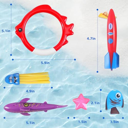 30 Packs Summer Pool Diving Swimming Essentials Toys for Kids, Fun Swim Games Sinking Set, Underwater Dive Gifts with Storage Bag Include Torpedo Gems Shark Rings Sea Animals for Boys Girls Toddlers