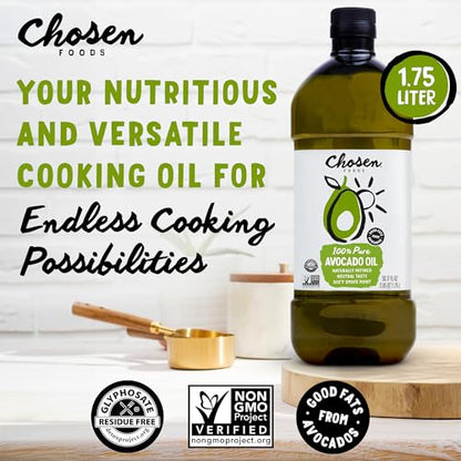 Chosen Foods 100% Pure Avocado Oil for Cooking - Made With Good Fats from Avocados, Naturally Refined, Never Adulterated, High Smoke Point, Non-GMO, Soy-Free, Canola Oil-Free, Gluten-Free, Paleo, Keto